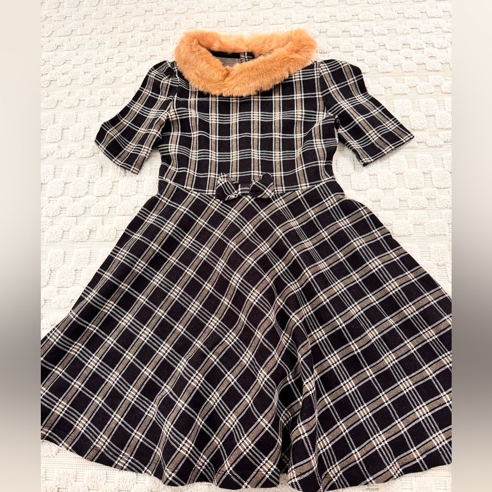 Janie and Jack Black Plaid Dress with Faux Fur Collar